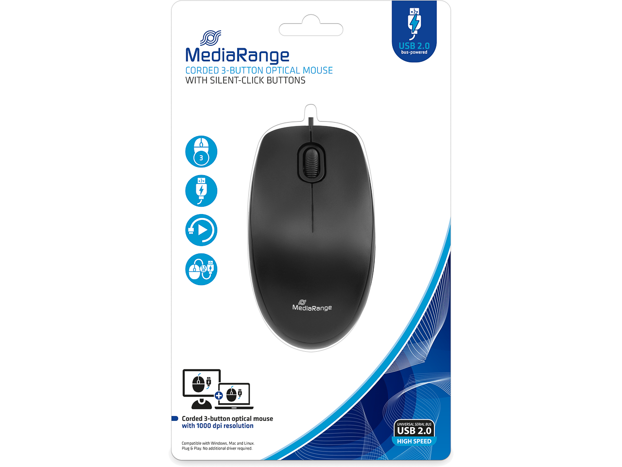 MEDIARANGE OPTICAL MOUSE WITH CABLE MROS212 silent click black/grey 1