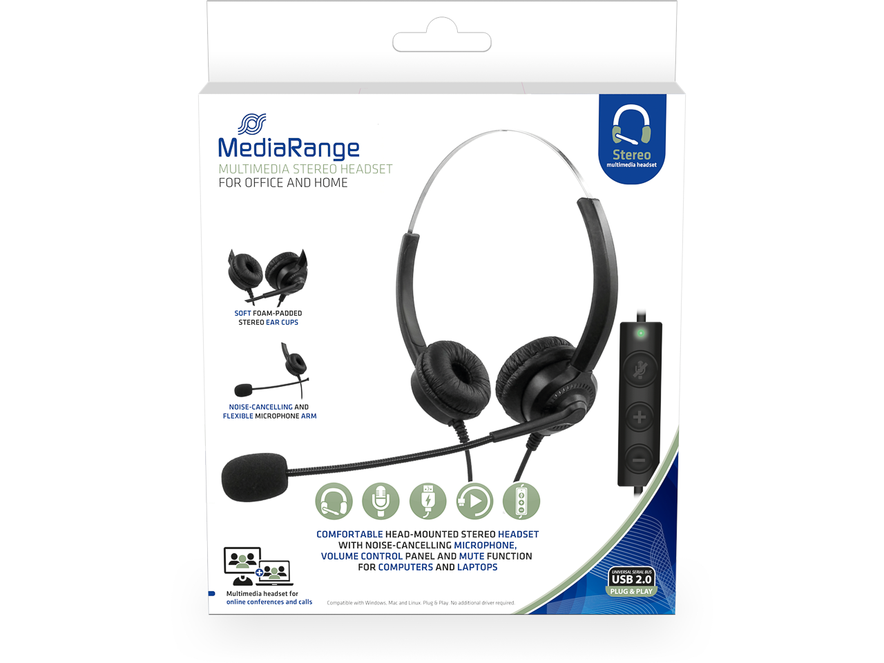 MEDIARANGE PC STEREO HEADSET BLACK WIRED MROS304 with 2m cable 1