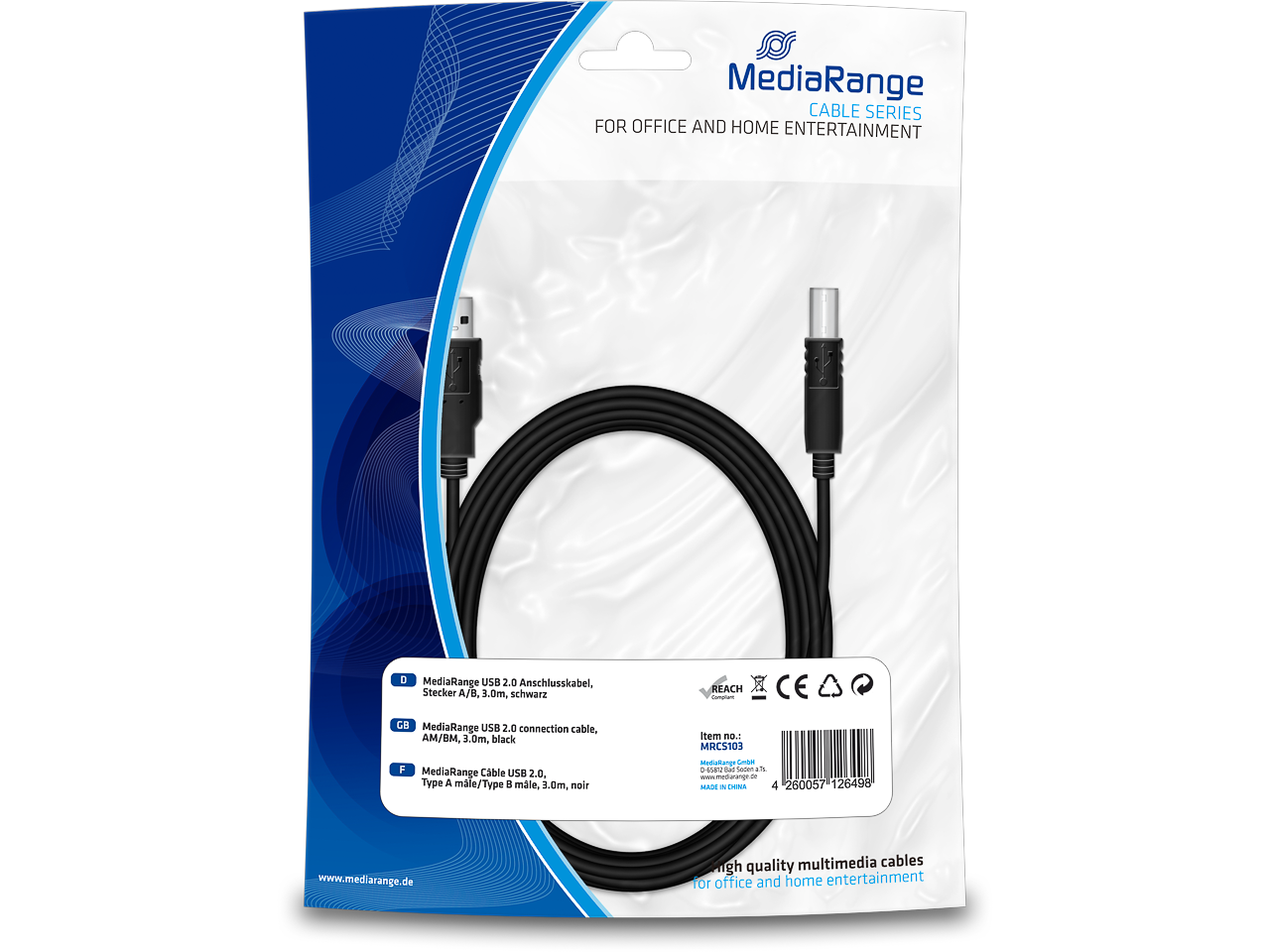 MEDIARANGE USB CABLE A/B 3m MRCS103 USB 2.0 black 1