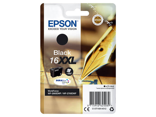 C13T16814012 EPSON WF Inkt zwart EHC 1000pagina's 21,6ml 1