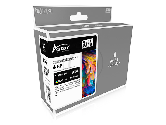 AS70027 ASTAR HP OJ Inkt (2) zwart-kleur HC rebuilt HP302XL 480/330pagina's Chip 1