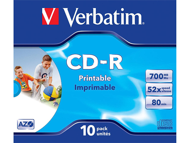 VERBATIM CDR80 700MB 52x IW (10) JC 43325  jewel case inkjet printable 1