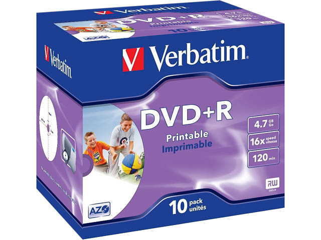VERBATIM DVD+R 4.7GB 16x  IW (10) JC 43508 jewel case inkjet printable 1