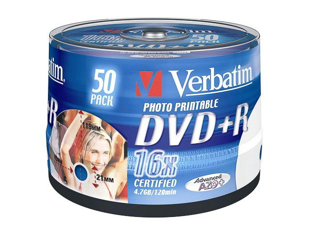 VERBATIM DVD+R 4.7GB 16x IW (50) SP 43512 spindle inkjet printable 1