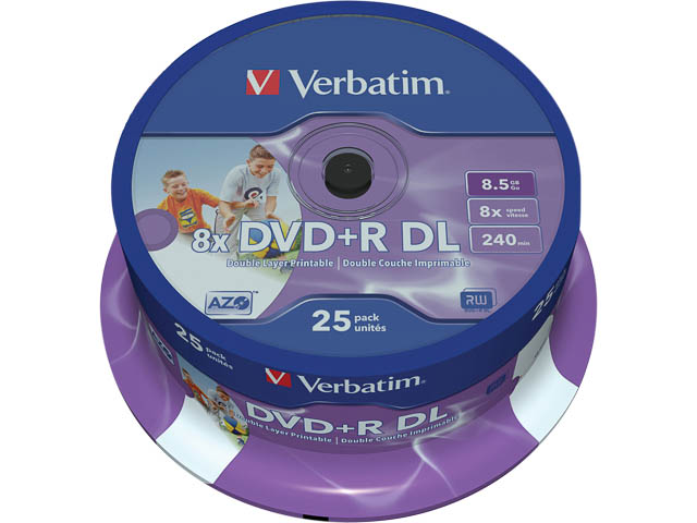 VERBATIM DVD+R DL 8.5GB 8x IW (25) SP 43667 Spindel inkjet printable 1
