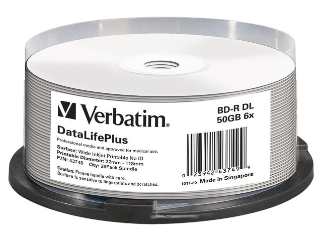 VERBATIM BD-R DL 50GB 6x IW (25) SP WORM 43749 Blu-ray Spindel inkjet printable 1