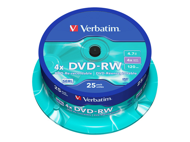 VERBATIM DVD-RW 4.7GB 4x (25) CB 43639 Cake Box matt silber 1