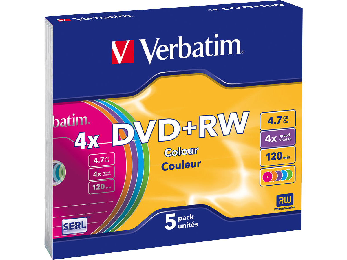 VERBATIM DVD+RW 4.7GB 4x (5) SC FARBIG 43297 Slim Case wiederbeschreibbar 1