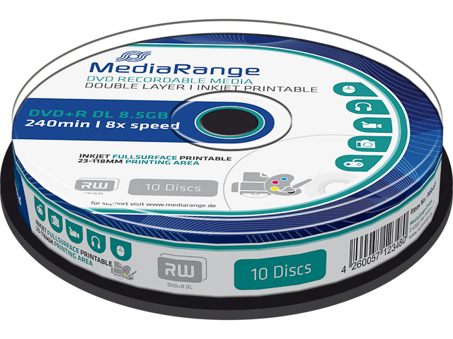 MEDIARANGE DVD+R DL 8.5GB 8x IW (10) CB MR468 Cake Box inkjet printable 1