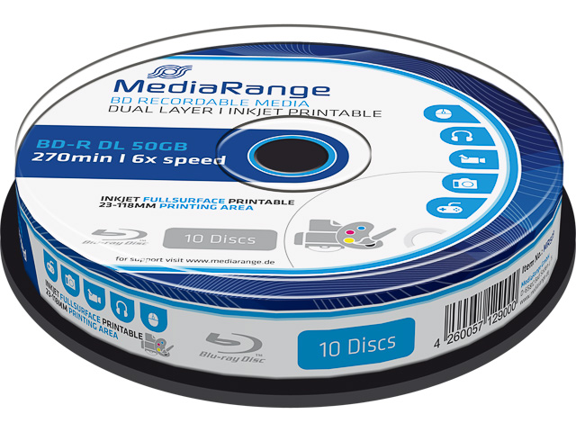 MEDIARANGE BD-R DL 50GB 6x IW (10) CB MR509 blu-ray cake box inkjet printable 1