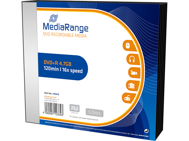 MEDIARANGE DVD+R 4.7GB 16x (5) SC MR419 Slim Case 1