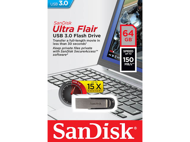 SANDISK ULTRA FLAIR USB DRIVE 64GB SDCZ73-064G-G46 150MB/s USB 3.0 1