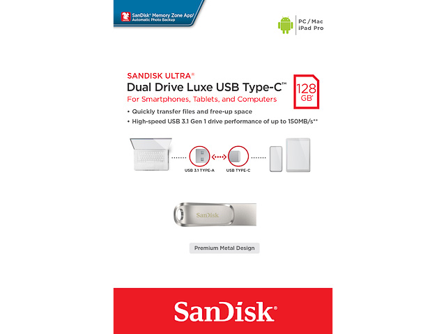 SANDISK ULTRA DUAL LUXE USB STICK 128GB SDDDC4-128G-G46 150MB/s USB 3.1 Typ-C 1