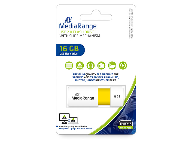 MEDIARANGE USB FLASH DRIVE 16GB YELLOW MR972 slide mechanism yellow 1