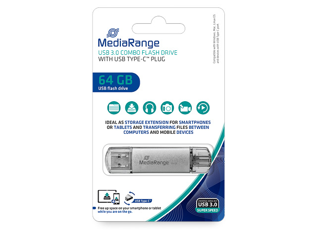 MEDIARANGE KOMBO USB STICK 64GB MR937 70MB/s USB-C+USB-A 3.0 silber 1