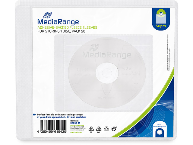 MEDIARANGE FLEECE SLEEVES 1DISC (50) BOX69-50 empty cases white-clear 1