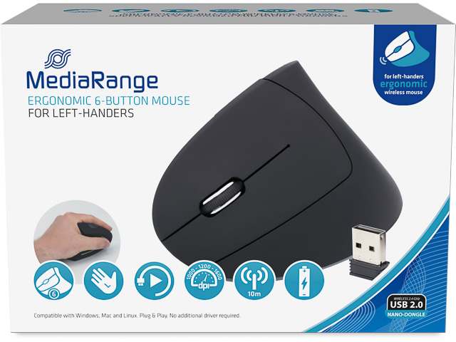 MROS233 MEDIARANGE mouse 6buttons ergonomic wireless left-handed black 1