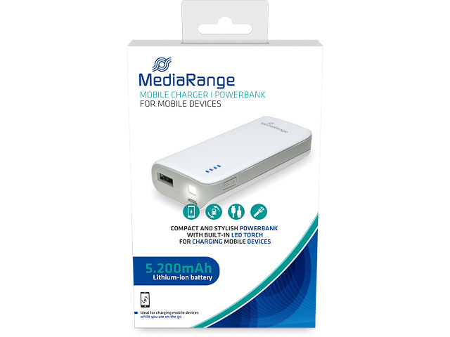 MEDIARANGE MOBILE POWERBANK WHITE-GREY MR751 1A 5200mAh with built-in torch 1