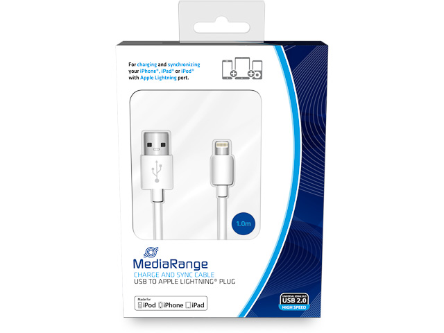 MEDIARANGE CHARGE AND DATA CABLE 1m MRCS178 USB 2.0 Apple Lightning white 1