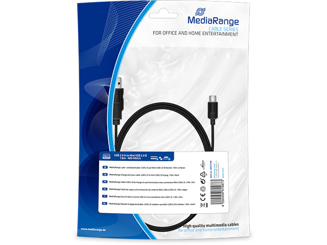 MEDIARANGE CHARGE AND DATA CABLE 1,8m MRCS188 Mini USB 2.0 B black 1