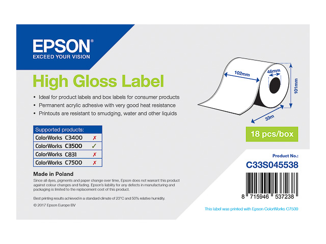 C33S045538 EPSON label roll 102mm 33 metre white high gloss 1