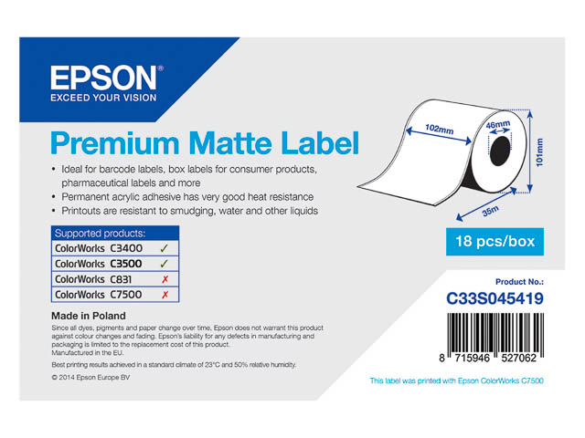 C33S045419 EPSON label roll 102mm 35 metre white premium matt 1