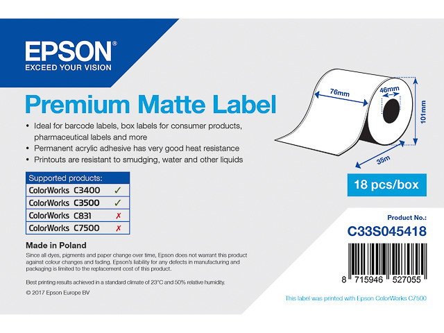 C33S045418 EPSON label roll 76mm 33metre white matt permanent 1