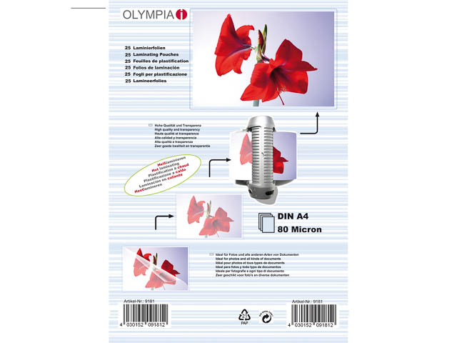9181 OLYMPIA LAMINATING POUCHES A4 25sheets 80mic 1