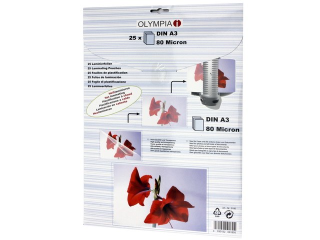 9180 OLYMPIA LAMINATING POUCHES A3 25sheets 80mic 473x320x6mm 1