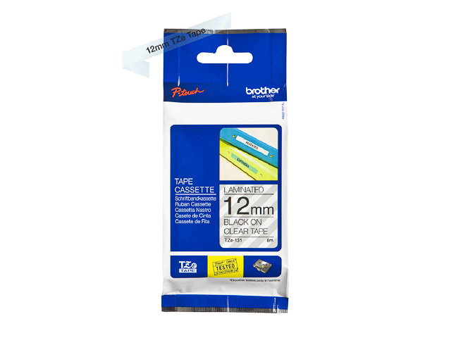 TZE131 BROTHER PTOUCH 12mm CLEAR-BLACK tape 8m laminated 1