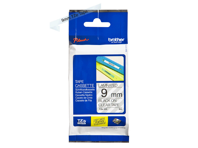TZE121 BROTHER PTOUCH 9mm CLEAR-BLACK tape 8m laminated 1