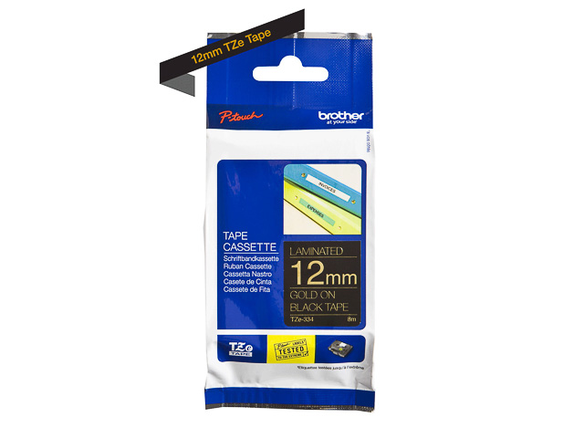 TZE334 BROTHER PTOUCH 12mm BLACK-GOLD tape 8m laminated 1