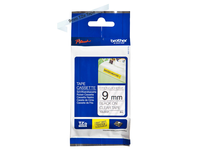 TZES121 BROTHER PTOUCH 9mm CLEAR-BLACK tape 8m laminated 1