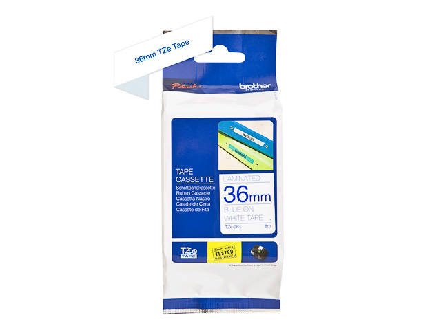 TZE263 BROTHER PTOUCH 36mm WHITE-BLUE tape 8m laminated 1