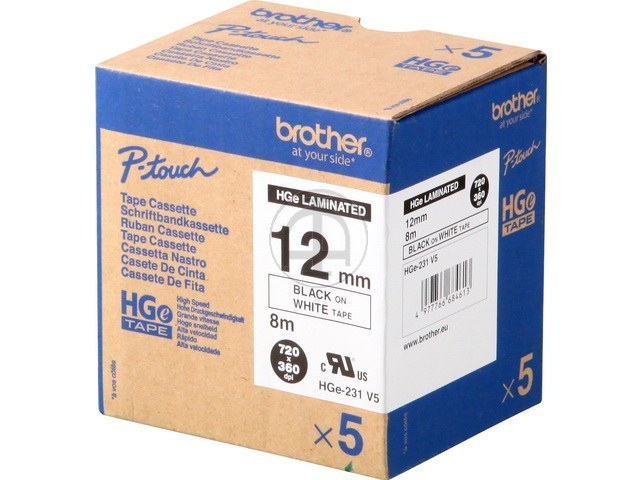 HGE231 BROTHER PTOUCH 12mm(5)WHITE-BLK tape 8m laminated 1