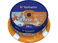 VERBATIM DVD-R 4.7GB 16x IW (25) SP 43538 Spindel inkjet printable