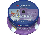 VERBATIM DVD+R DL 8.5GB 8x IW (25) SP 43667 Spindel inkjet printable